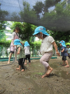 水を撒く保育者と園児たち