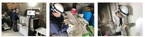 (左から順に)X線装置によるコンデンサ形状確認、スクリーニング検査によるPCB漏洩確認、エコマネージDXでのデータ登録作業