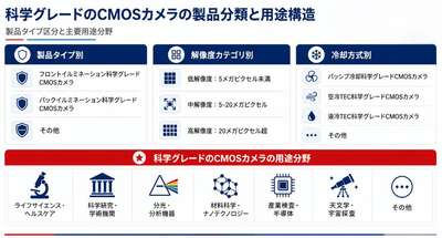 図：科学グレードのCMOSカメラの製品分類と用途構造