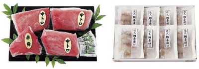 黒門市場＜新魚栄＞近大マグロセット（左）、黒門市場＜新魚栄＞近大鯛茶漬けセット（右）