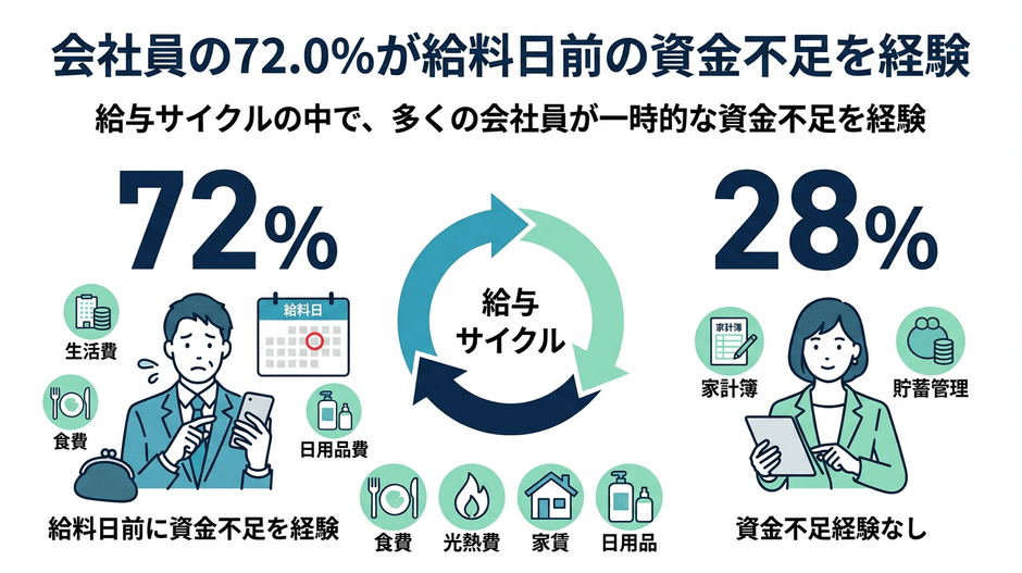 会社員の72.0%が給料日前の資金不足を経験