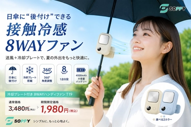 日傘に“後付け”して顔まわりへ送風
SOPPY、冷却プレート搭載「8WAYハンディファン」を販売