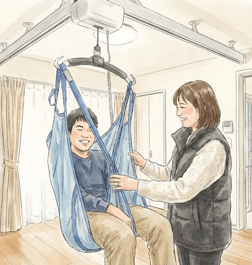 天井走行リフトはメインの居室とお風呂をつないでいます。