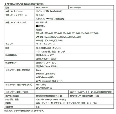 AP-100AH(JP)/BR-100AH(JP)の主な仕様