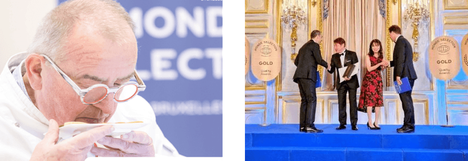 審査風景(左)と、フランス・パリでの授賞式典の様子(右)