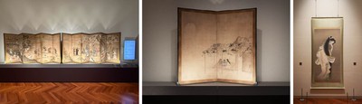 全て【高精細複製品】 左から 国宝「花下遊楽図屏風」 (展示期間:~5/17)、 国宝「納涼図屏風」 (展示期間:6/30~8/30)、「焔」 (展示期間:~8/30)