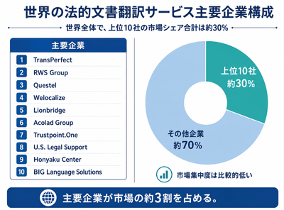 図.   界の法的文書翻訳サービス・メーカー上位10社のランキングおよび市場シェア（2025年の調査データに基づく。最新の数値は、当該企業の直近の調査結果に準拠します）