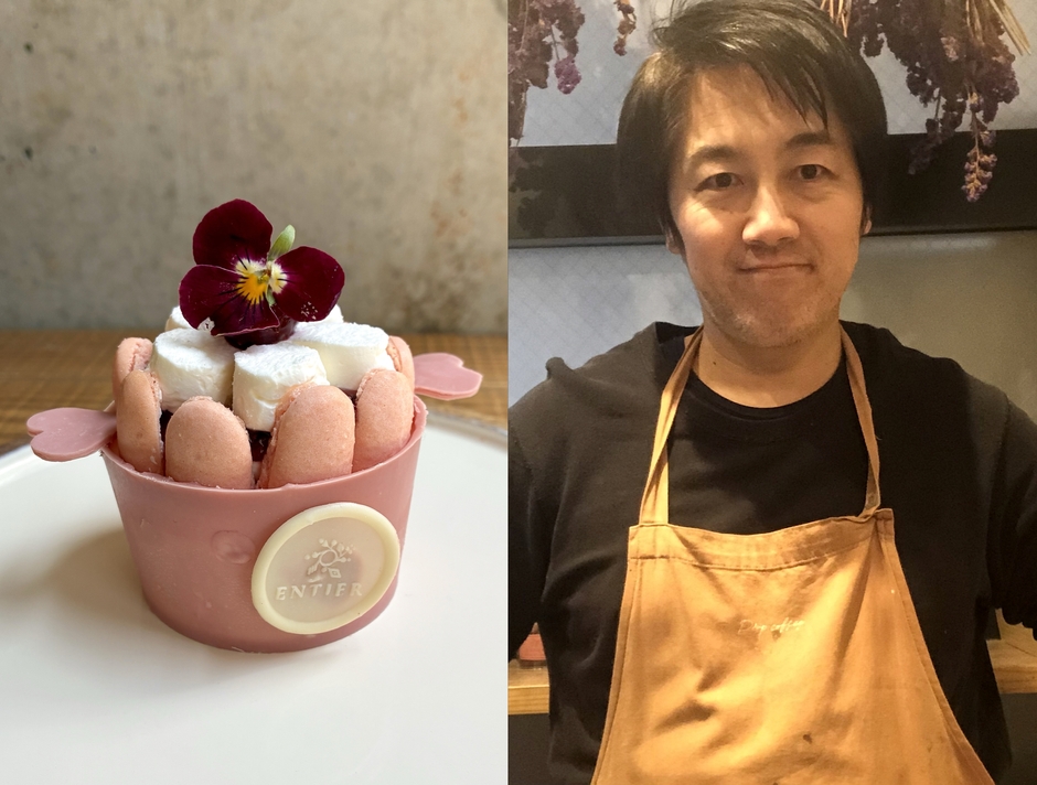 「Patisserie Boulangerie ENTIER」の「果実とハーブのシャルロット」とオーナーシェフ 柴田 雅章氏