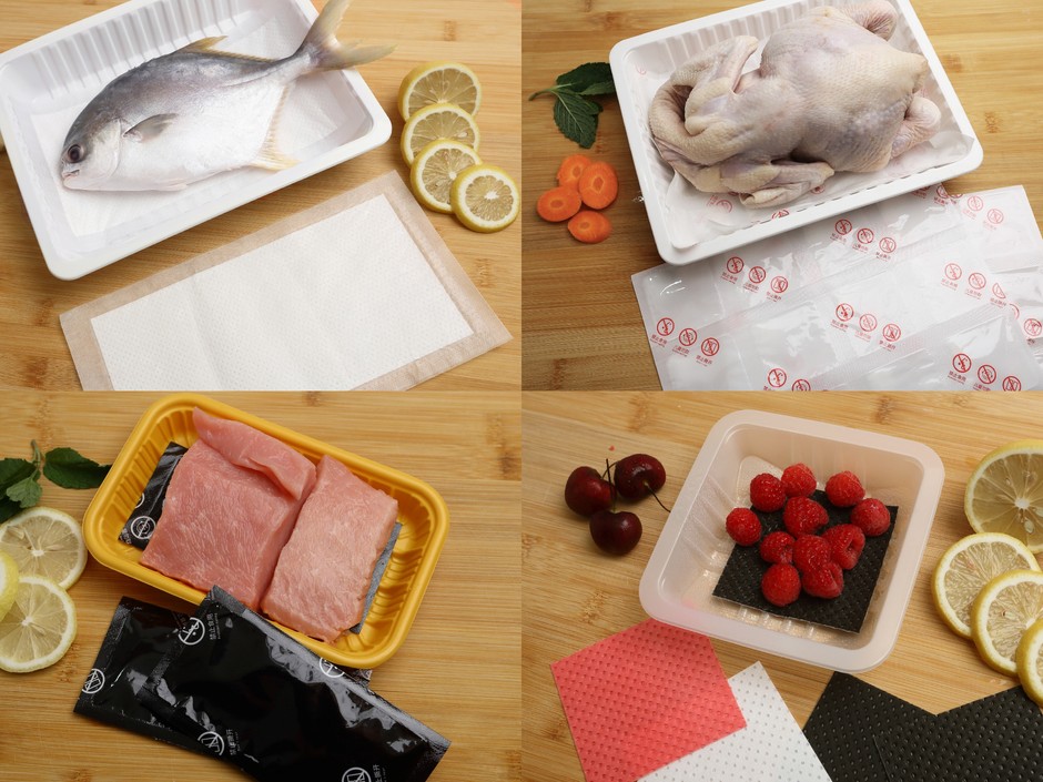 精肉・鮮魚・青果などのドリップ対策に提案する食品用吸水シート:食品や包装仕様に応じ、サイズや吸水量などの相談に対応します