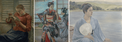 左：読書(明治24年〔1891〕)、中央：重要文化財 舞妓(明治26年〔1893〕)、右：重要文化財 湖畔(明治30年〔1897〕)※いずれも黒田清輝筆、東京国立博物館所蔵