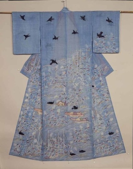 帷子 淡浅葱麻地御所解(鵜飼)文様　江戸時代・18～19世紀 京都国立博物館