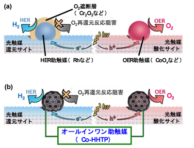 図2.（a）既存の助触媒を用いたOWS光触媒システムと、（b）本研究で追究したオールインワン助触媒を用いたOWS光触媒システム。