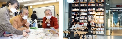 ボードゲームの様子（左）、近畿大学アカデミックシアター（右）
