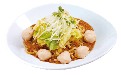 風味豊かな海老のすり身の団子と今が旬の春キャベツを旨みたっぷりでピリ辛のXO醤でからめ、あったかまぜ麺にかけていただく一品。ぷりっとした海老団子の食感と柔らかく甘みのある春キャベツ、もちもちの春水堂オリジナル平打ち麺で満足感たっぷりです。