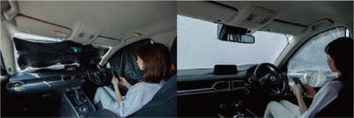 (左)遮光タイプの傘型カーシェードは車内が暗く圧迫感があるだけでなく、隙間もできて熱が車内に侵入してしまう　(右)本商品のフロント用とサイド用を装着。フロントがスッキリ広々。解放感もたっぷり