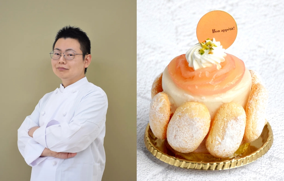 「お菓子のたいよう 本店」津田 研吾氏と「桃のシャルロット」
