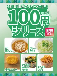 【ほっともっと】お弁当とご一緒に！お手頃価格のサイドメニュー
『100円(税込)シリーズ』全5商品＆『8種具材の彩りサラダ』『ポテトサラダ』
11.1(日)より新発売