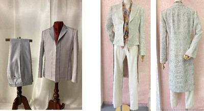「メンズ和服スーツ」：仙波ゼミ4年　川口太一（左）、「レディース和服スーツ」：仙波ゼミ4年　柴田明依（右）