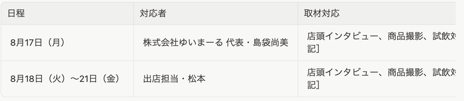 取材対応担当者スケジュール