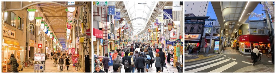 今回のイベントの舞台となる品川区の3つの商店街(左:中延商店街/中央:武蔵小山商店街パルム/右:西小山商店街)