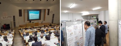 令和元年（2019年）の「市民公開講座」（左）とポスターセッションによる研究紹介の様子（右）