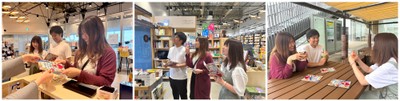 左2枚:謎解きゲーム中の参加者イメージ/右:ゲーム中やクリア後にはカフェスペースで食事や休憩も