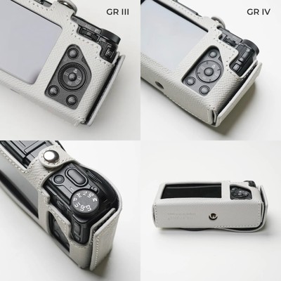 GR III、GR IV、それぞれのボタン位置に合わせたカットラインと底面の三脚穴
