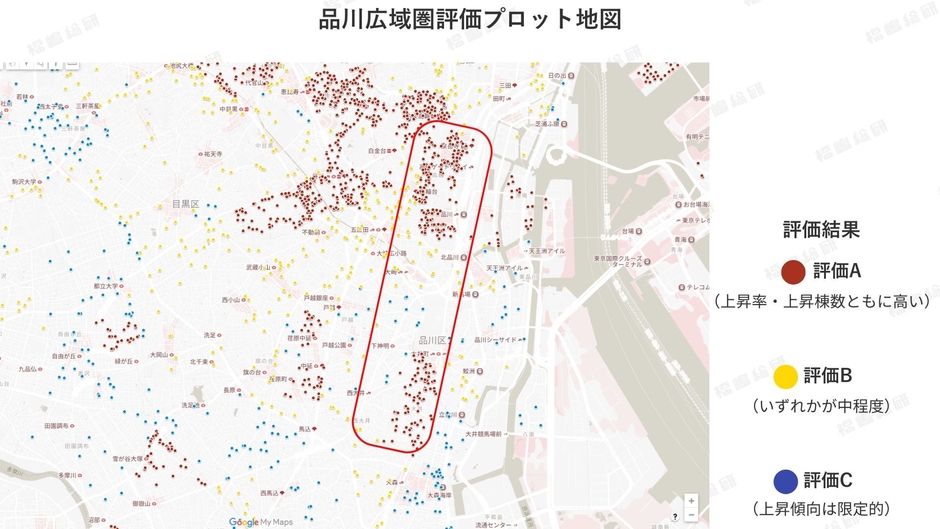図2：品川広域圏評価プロット地図 【出典：マンションリサーチ株式会社　福嶋総研】
