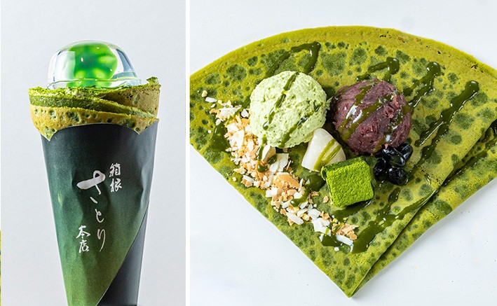 【箱根さとり本店限定】 芦ノ湖お濃茶クレープ 水まんじゅうのせ　1,300円(税込)