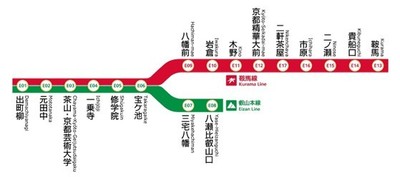 叡山電車路線図（もみじのトンネルは市原駅～二ノ瀬駅間）