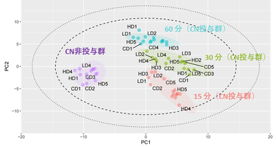 図3 シアン化物(CN)非投与群(紫)およびCN投与群における血清試料の主成分分析(PCA)スコアプロット 赤はシアン化物の投与から15分後の群、緑は30分後の群、青は60分後の群を示す