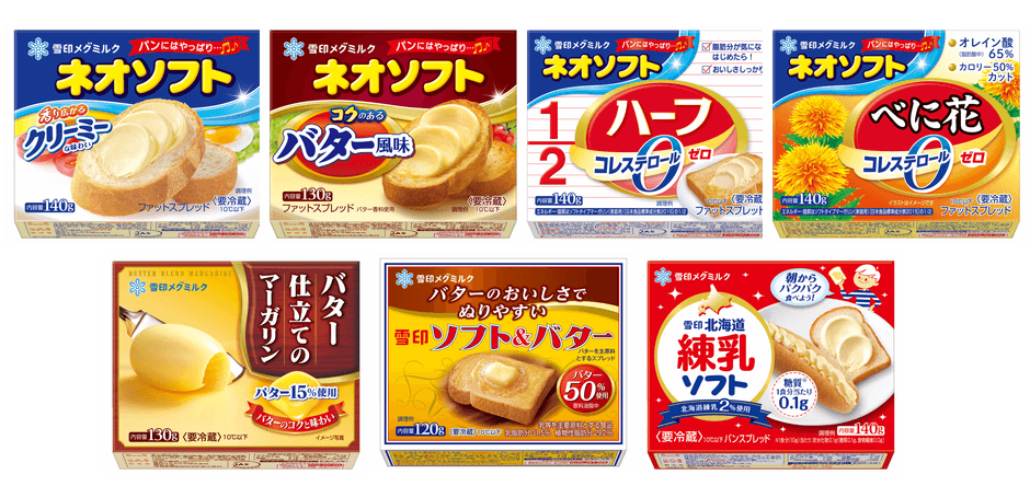左から: 「ネオソフト」(140g)「ネオソフト コクのあるバター風味」(130g) 「ネオソフト ハーフ」「ネオソフト べに花」(各140g)「バター仕立てのマーガリン」(130g) 「雪印ソフト&バター」(120g)「雪印北海道練乳 ソフト」(140g)