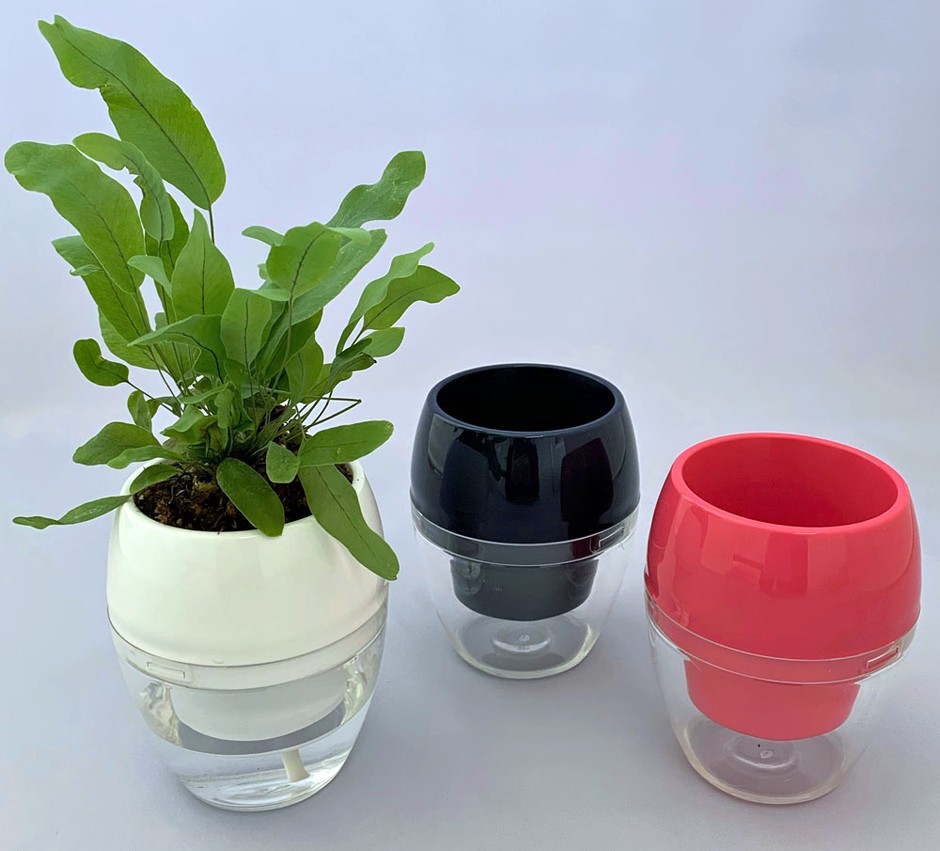 (画像:「みずてまりん」および底面給水型ポット)