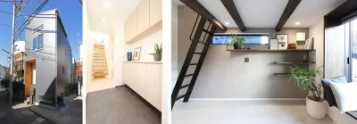 半地下から屋上までを活かした8坪(約26m²)の二世帯住宅。外観、土間の共有玄関と足元を浮かせた造作シューズボックス、リビング上部のロフト