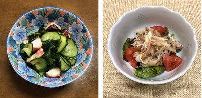 オカワカメの酢の物(左)、野菜と冷しゃぶのさっぱりミョウガ(右)