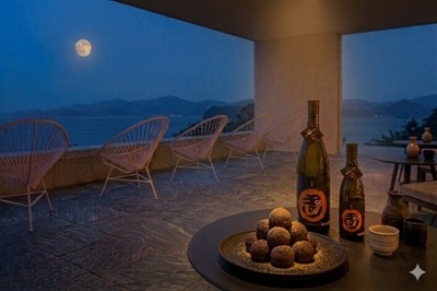 夜更けになると月が海へと沈む　※月見酒のイメージ