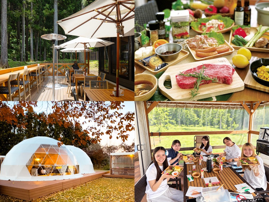 企業研修からBBQ、キャンプファイヤー、ドームテント宿泊まで楽しむ1泊2日の団体利用イメージ
