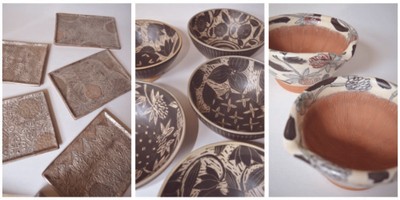 野花の作品を主とした生活の器や、銀彩の作品。陶の壁掛けや雑貨などユーモラスな作品もご案内します。