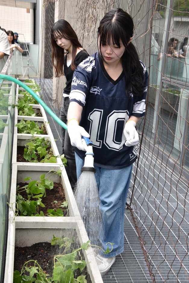 水やりをする学生