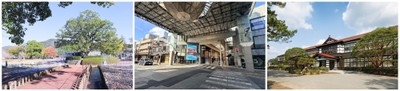 イベントの舞台となる3つのエリア(左:吉香公園／中央:山口市中心商店街 ／右:萩・明倫学舎)