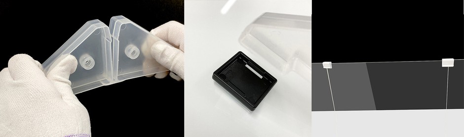 中央:樹脂製滑り止めパーツ 左:連結パーツ
