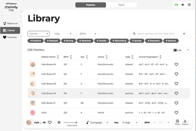 『Melody Flip』「Library」画面イメージ。約250種類の「Palette」を収録