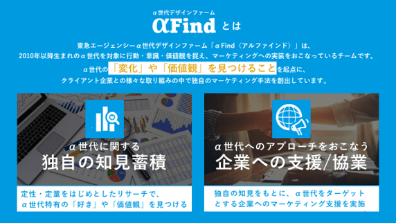 ※ 「α世代デザインファーム αFind」(登録商標第7044629号)は株式会社東急エージェンシーの登録商標です。