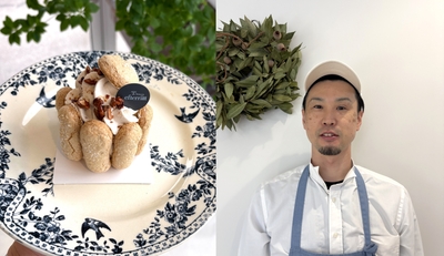 「Patisserie Efterrat」の「シャルロット・キャラメルポワール」とオーナーシェフ 早川 純平氏