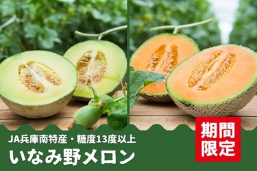 糖度13度以上！　兵庫県産「いなみ野メロン」（青肉・赤肉）の予約販売開始。 今年は食べ比べが楽しめる青肉×赤肉のペアセットが数量限定で新登場！
