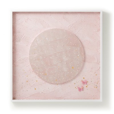 神戸の廃棄パールを使用した作品 「FULL MOON LOVE」H100cm W100cm 越前和紙、墨、金銀泥、真珠