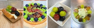 画像左：みのりカフェ銀座店 国産米粉のふわもちシフォンサンド～長野県産ぶどう三姉妹🄬～単品 750円、SET 1,100円 長野県産ぶどう三姉妹🄬のタルト～農協牛乳のミルクジェラート添え～1カット 750円  画像右：和牛焼肉信州そだち ぶどう三姉妹🄬のピクルス539円 ぶどう三姉妹🄬のフルーツサラダ979円