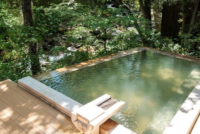 渓流露天風呂「川の湯」は、自然林に囲まれた森の中の温泉