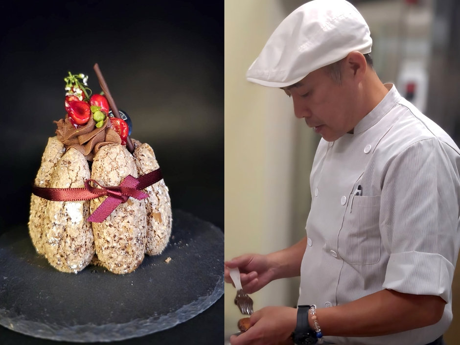 「シャルパンティエ マツイ」の「Chalotte au chocolat poun les Vacances」とオーナーシェフ 松井 孝氏
