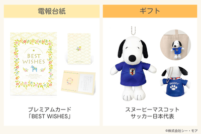 ケース2:電報台紙「BEST WISHES」/ギフト「スヌーピーマスコット サッカー日本代表」